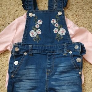 7 For All Mankind Kids Denim Overalls with Floral Embroidery
